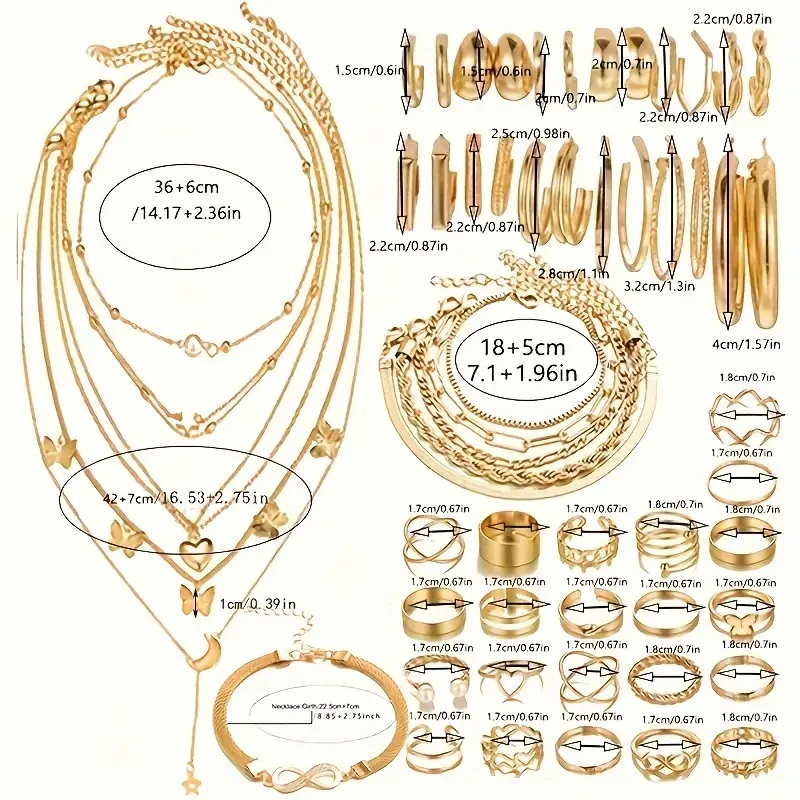Set Golden Bracelets & Rings & Anklets & Earrings