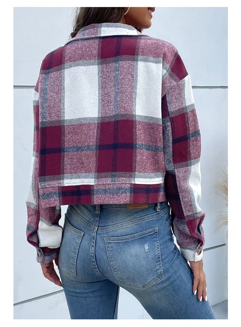 Plaid Lapel Cropped Jacket With Pockets Fashion Button Long Sleeve Short Outwear Tops Coat For Womens Clothing