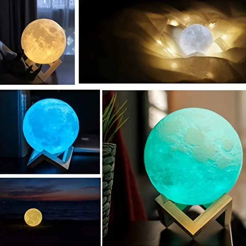 3D Printed Moon Lamp with Bracket and Remote Control - USB Plug-in, 16 Colors LED Night Light