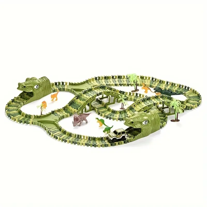 Boys' Dinosaur Track & Electric Car Playset - DIY Jurassic Racing Kit with Non-Rechargeable AA Batteries, Ideal Gift for Youngsters