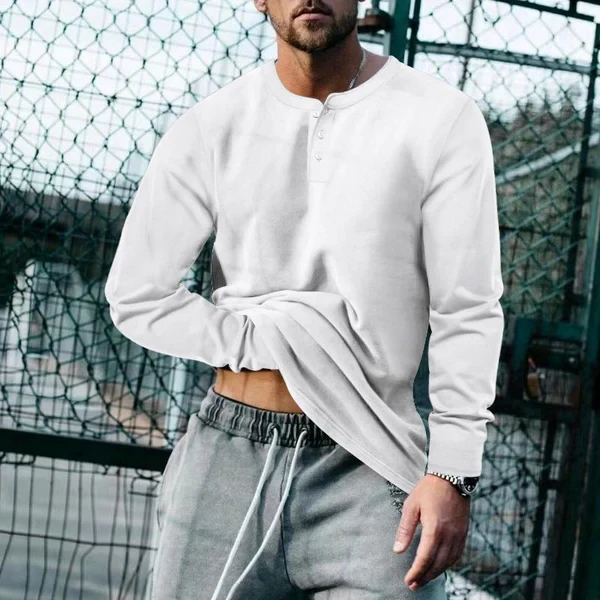 Vintage Solid Henley Collar Long Sleeve T-Shirt