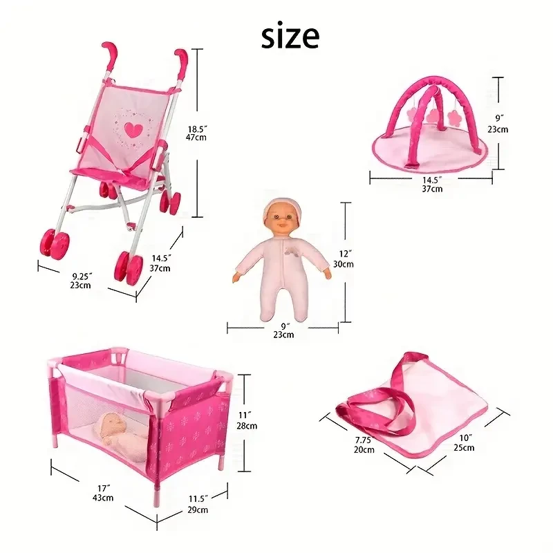 ANIVIA 5PCs Baby Doll Stroller Set - Baby Doll Accessories Set Includes Doll Stroller/Doll Crib/Play Mat/Feeding Toy/Diaper Bag, Nursery Role Play Set (27.94cm Doll Included), Halloween, Christmas, gift