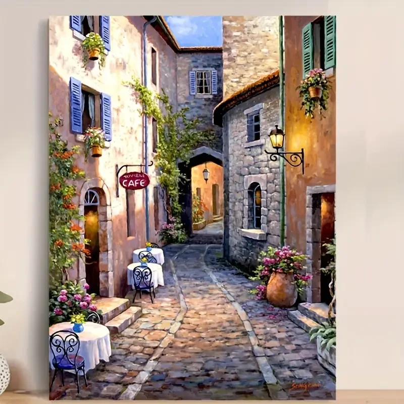 Paint By Number Kit on Canvas 40x50 cm with Wooden Frame - Italian Village Scene