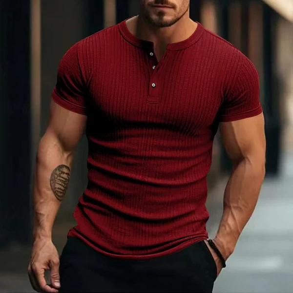 Men's Casual Stretch Knit Short Sleeve Henley T-Shirt