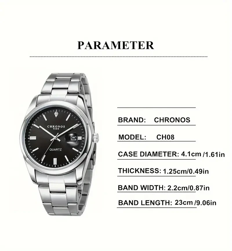 CHRONOS Men's Classic Popular Watch With Stainless Steel Strap, Business Calendar Luminous Watch