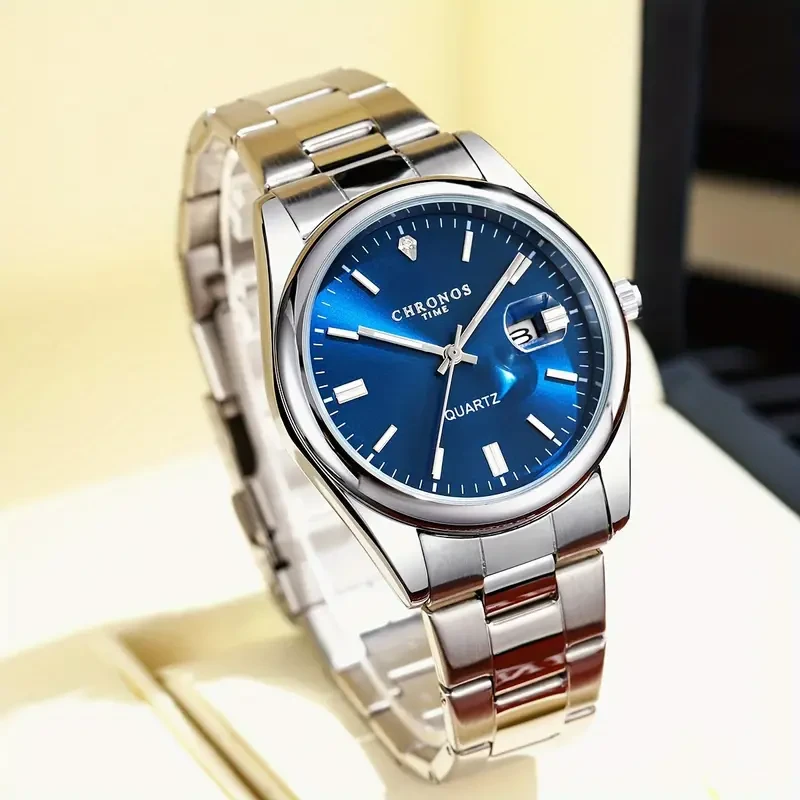 CHRONOS Men's Classic Popular Watch With Stainless Steel Strap, Business Calendar Luminous Watch