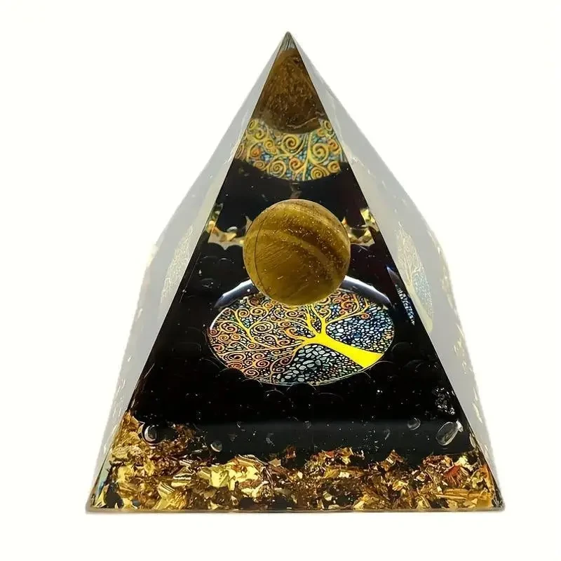 Tiger's Eye & Obsidian Crystal Pyramid - Spiritual Protection & Prosperity Decor