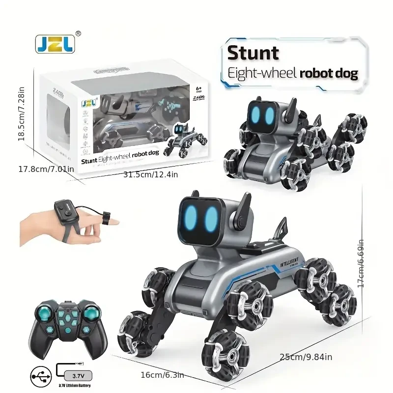 8WD Remote Control Robot Dog with Gesture Control and LED Lights - All-Terrain Toy for Kids