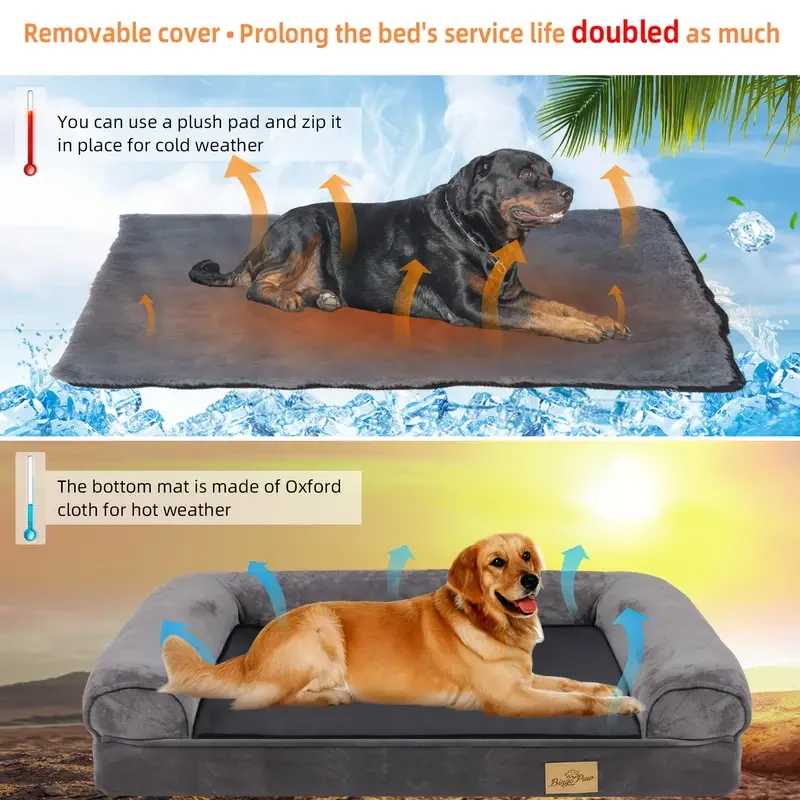 Extra Large Plus Size Dog Sofa Bed - Ultimate Orthopedic Memory Foam Pet Mattress with Calming Bolster Cushion, Waterproof Design, Removable Washable Cover, and Plush Pillow for Maximum Comfort and Support - Grey Colour