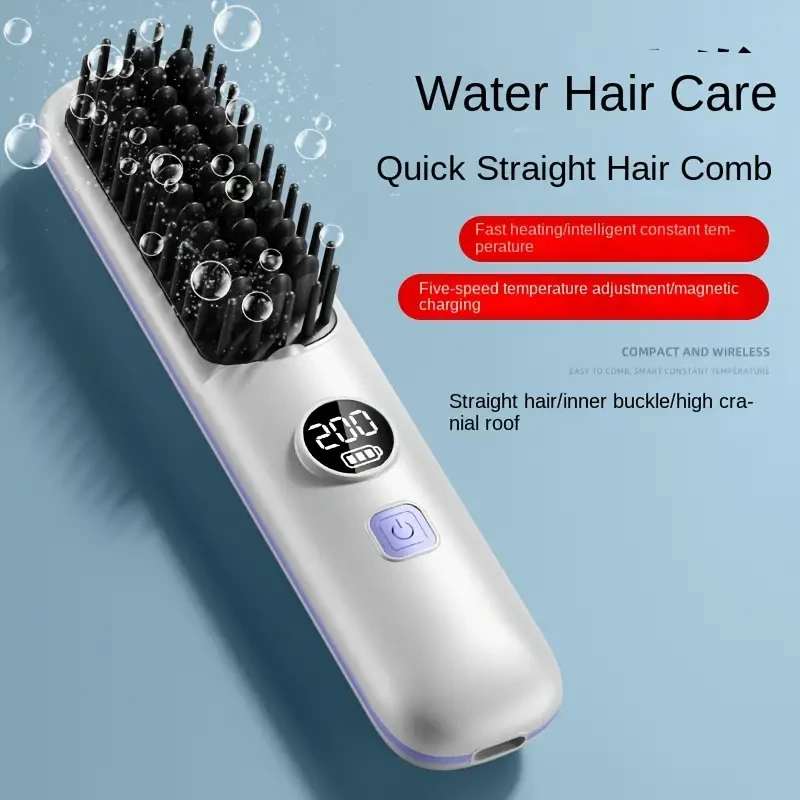 USB Rechargeable Hair Straightening Brush with LED Display, Fast Heating, Anti-Scald, Auto-Off, Thermostatic Control, 2000mAh Lithium Battery for Wet/Dry Use, Portable Ionic Hair Care Comb for Travel & Daily Use, 5 Temperature Settings