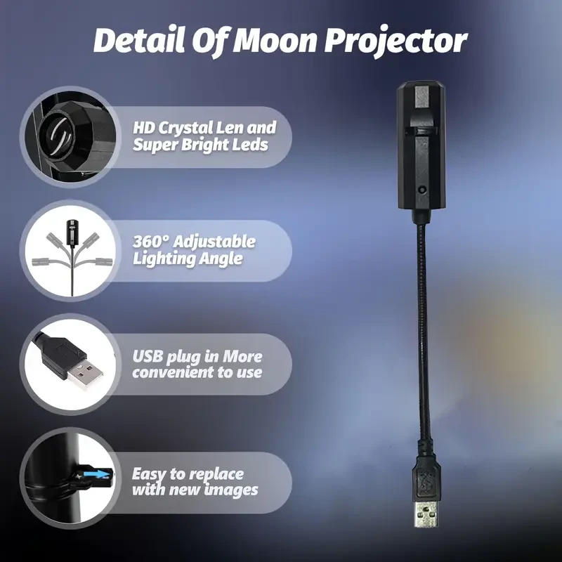 1pc LED Projector Light + 3 Color Moon Filaments - USB Portable, 360 Rotatable Decorative Light