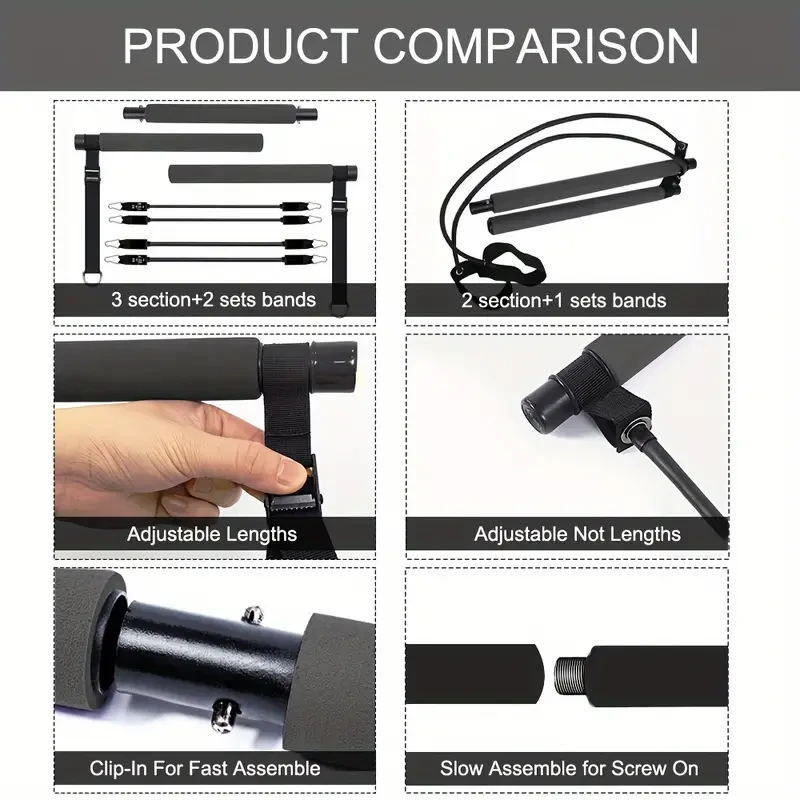 EVA Pilates Bar Kit with 4 Resistance Bands (30 & 22.68KG) - Adjustable & Portable Home Gym Equipment Set