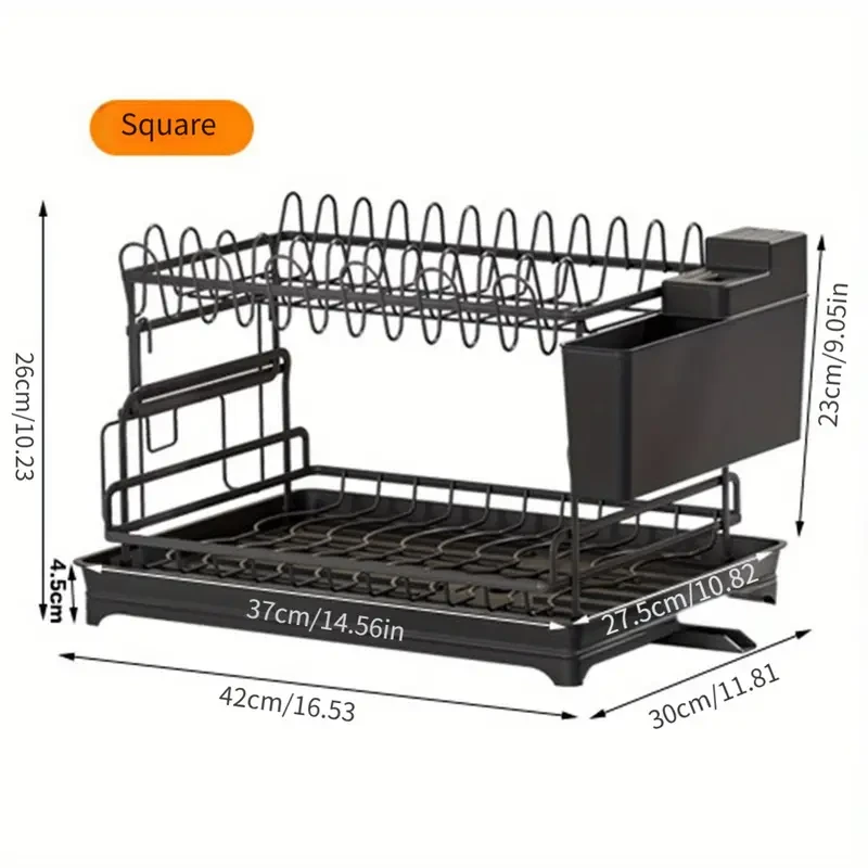 2-Tier Iron Dish Rack with Drainboard and Utensil Holder