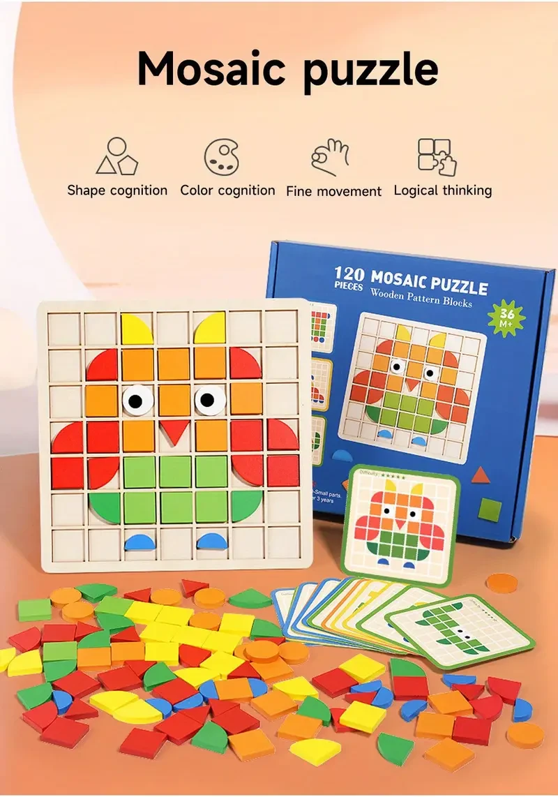 120pcs/set Wooden Mosaic Puzzle Toy, Kids' Wooden 3D Geometric Shape Jigsaw Puzzle Board Set, Early Education Toy Christmas Halloween Gift