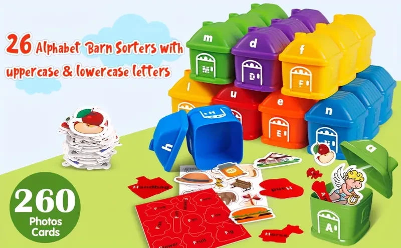 Alphabet Learning Toy, Toddler Farm Toy ABC Letter Recognition Matching Toy, Sorting Fine Motor Game For Kids With 26 Letter Barns & 260 Pcs Cards