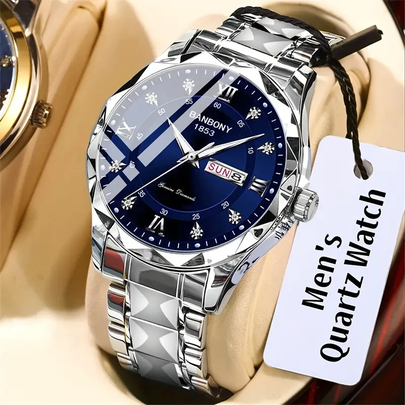 1pc Luxury Stainless Steel Multifunctional Watch - Roman Numerals Dial, Rhinestones Accents, Luminous Hands, Water-Resistant, Ideal Birthday, Holiday, Anniversary Gift for Men