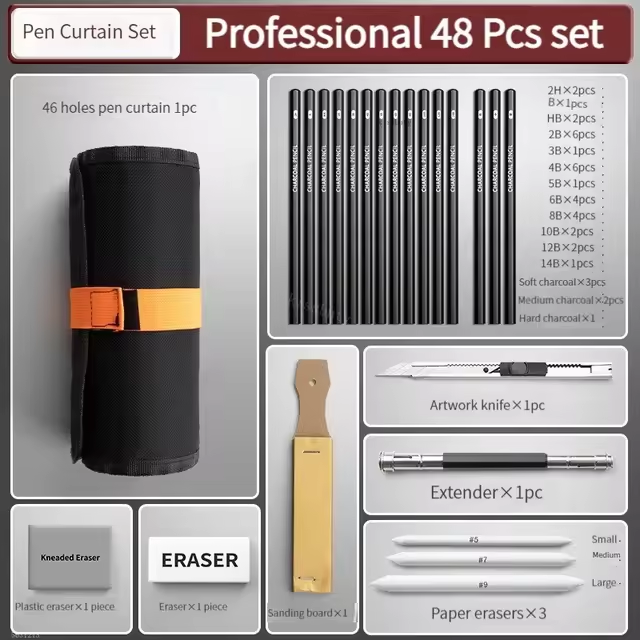 27/38/47pcs Sketch Pencils Set Roll Up Canvas Wrap Sketching Pencil Bag Art Drawing Supplies Charcoals Kneaded Eraser