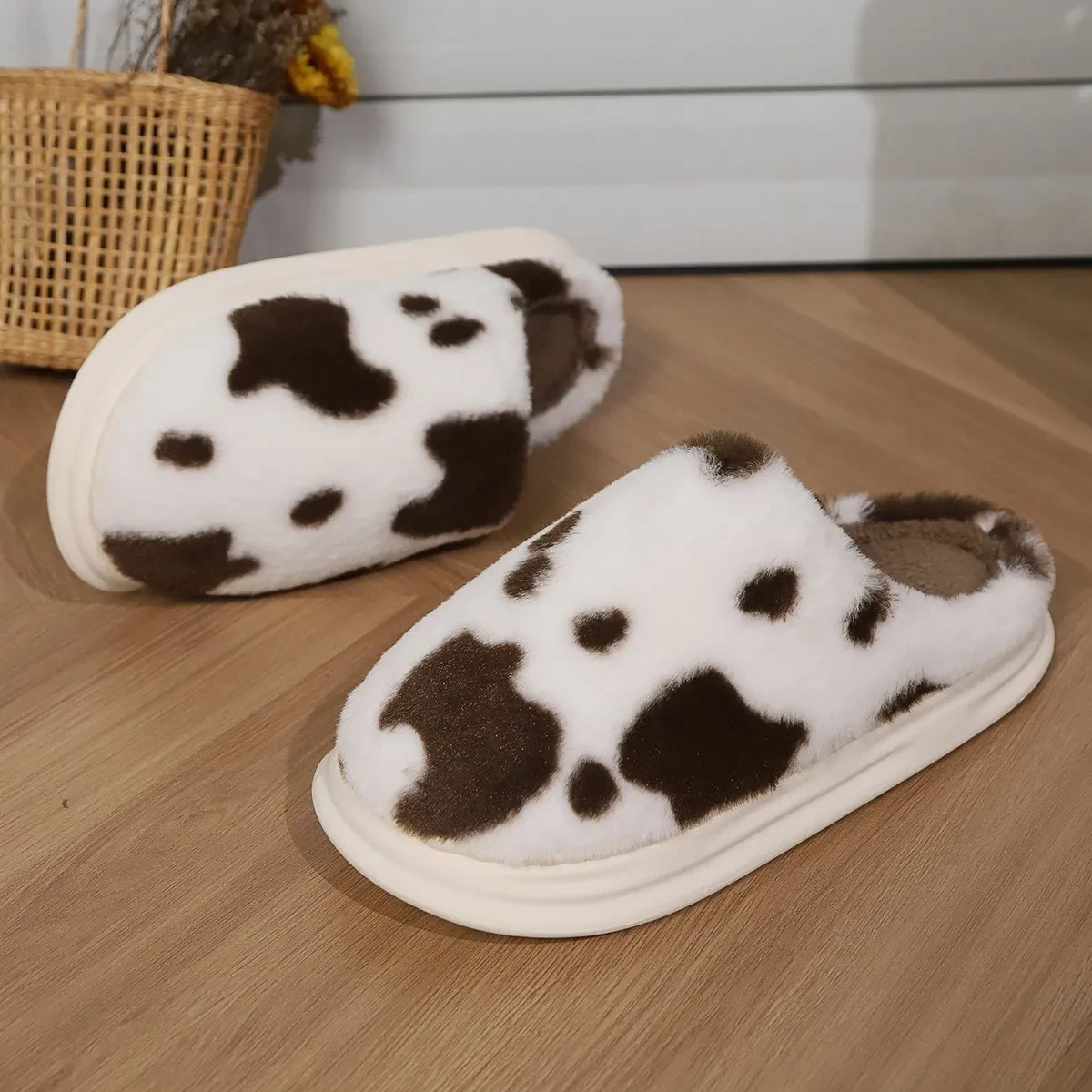 Cute Cow Spotted Plush Slippers