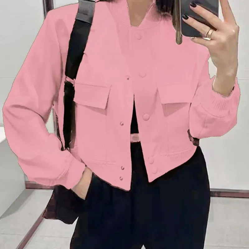 Fashion Button Stand-collar Jacket With Big Pockets