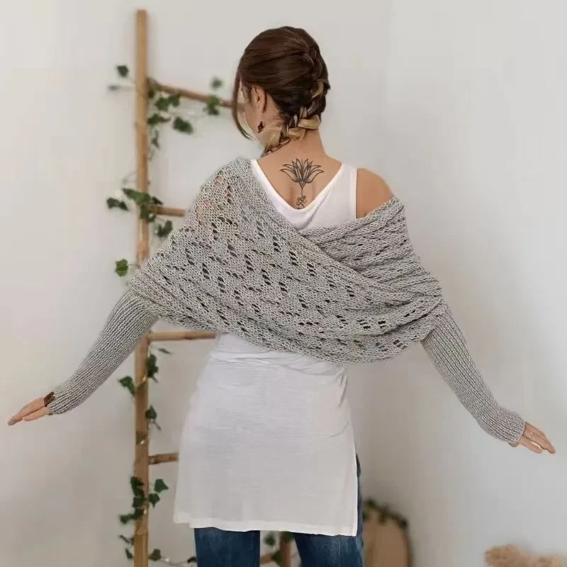 Autumn And Winter Warm Knitted Shawl Women's Hollowed-out Double Sleeve Shawl Collar Fashion Natural For Home And Party