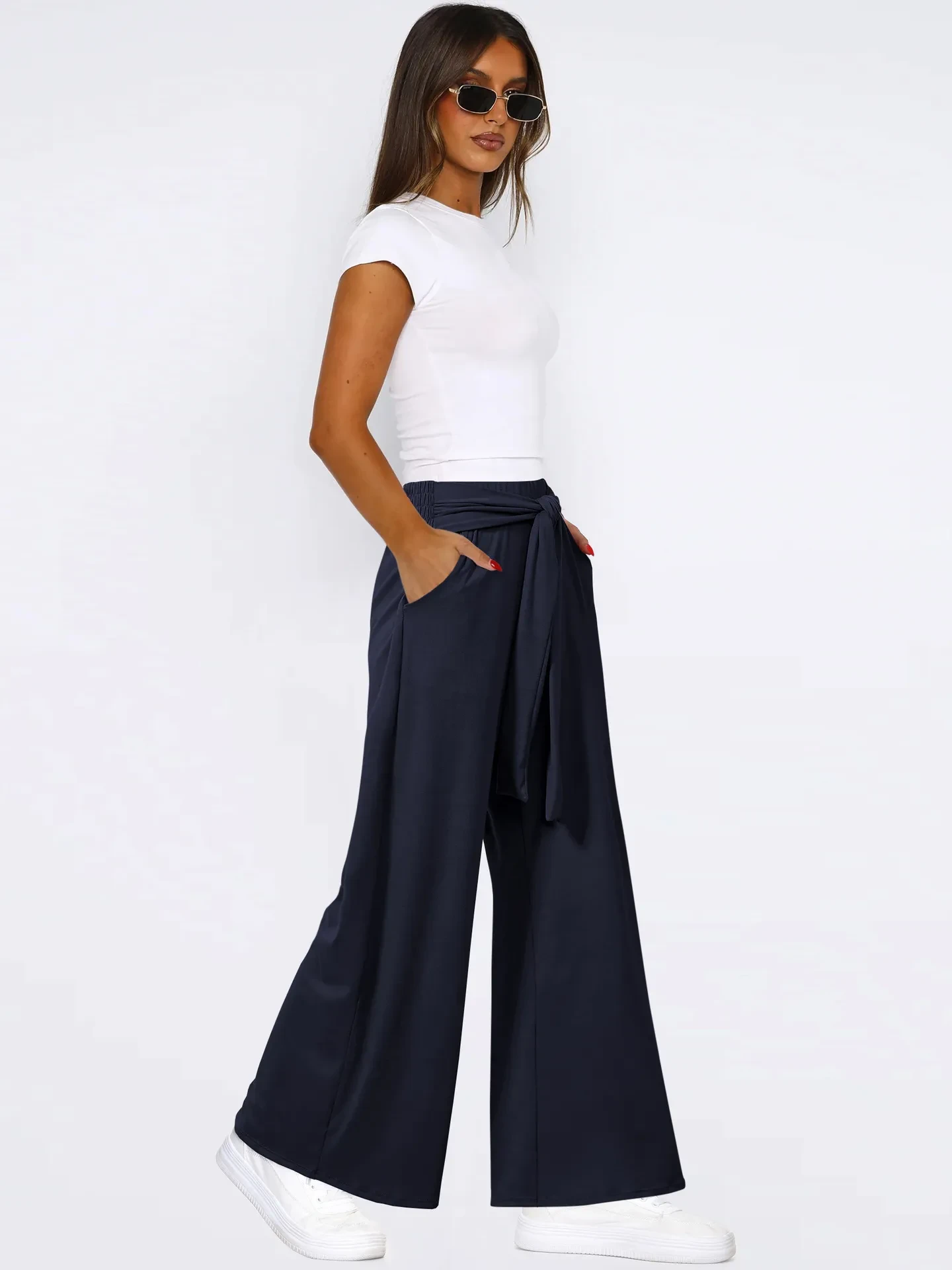 Women's Solid Color Draping Lace-up Wide-leg Pants