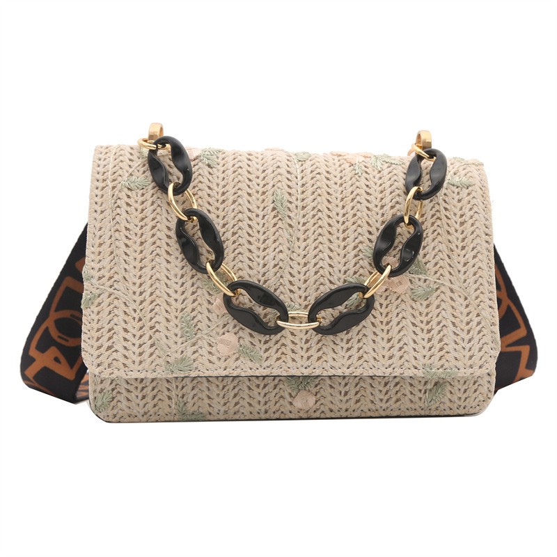 Straw Square Bag with Acrylic Chain