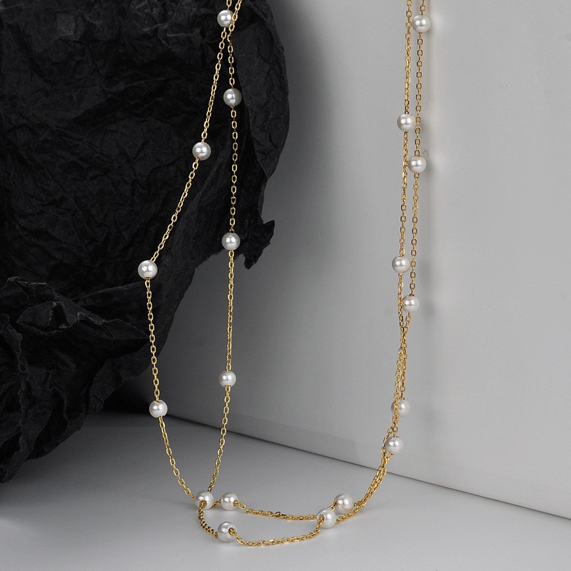 Handmade S925 Sterling Silver Shell Pearls Necklace Twin Beads Sweater Chain