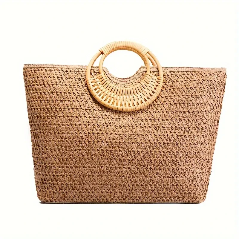 Straw Tote Bag with Bamboo Handles