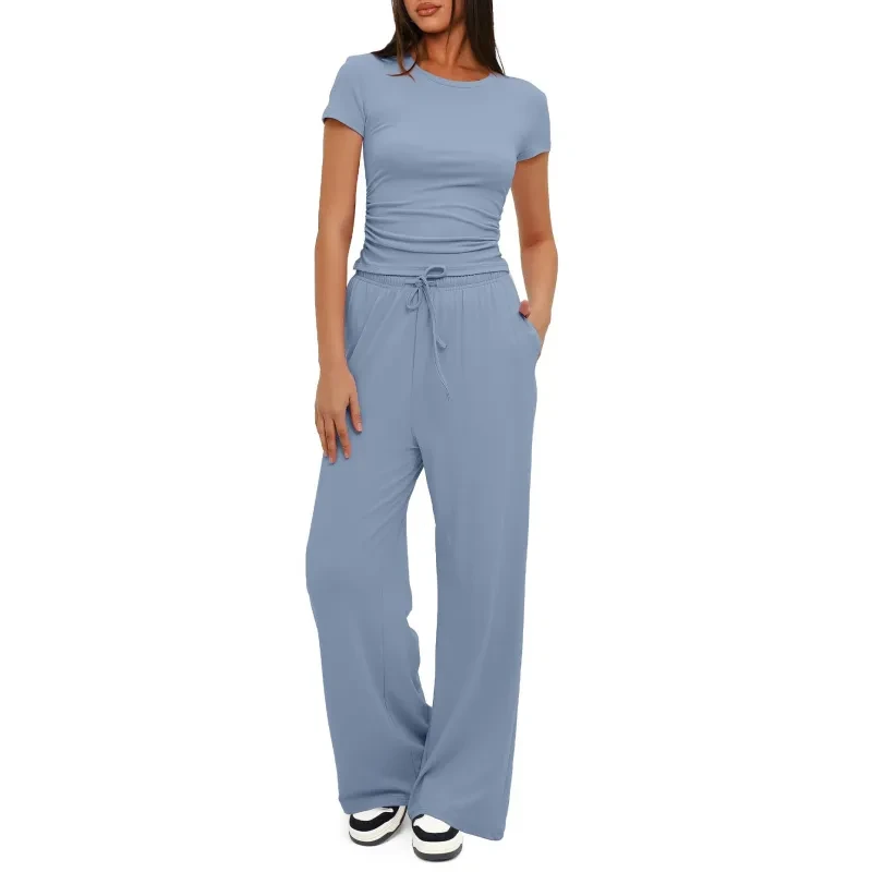 Solid Color Yoga Set: Short-sleeve Top & High-waisted Wide-leg Pants