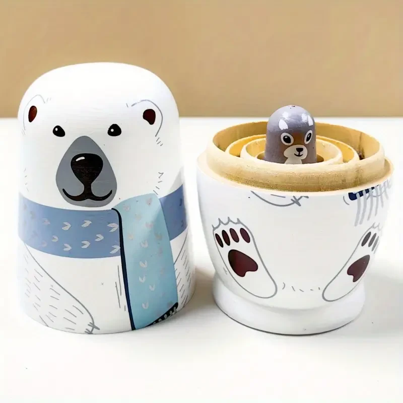 Charming White Bear Wooden Nesting Dolls - Perfect for Christmas, Halloween, Thanksgiving & Birthday Gifts | Unique Home Decor & Educational Toy Set