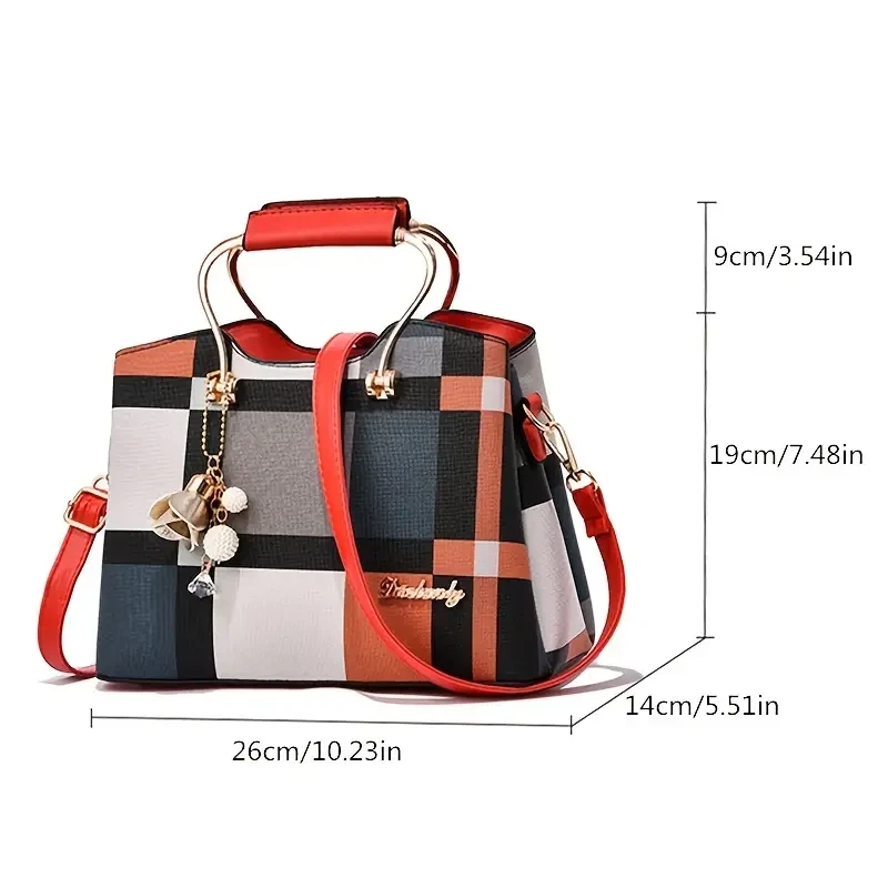 Women's Colorblock Plaid Pattern Pendant Decor Shoulder Bag