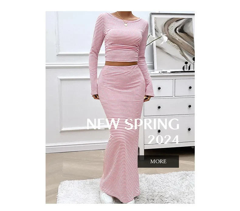 Women's Casual Contrast Color Striped Knitted Long-Sleeve Dress Set