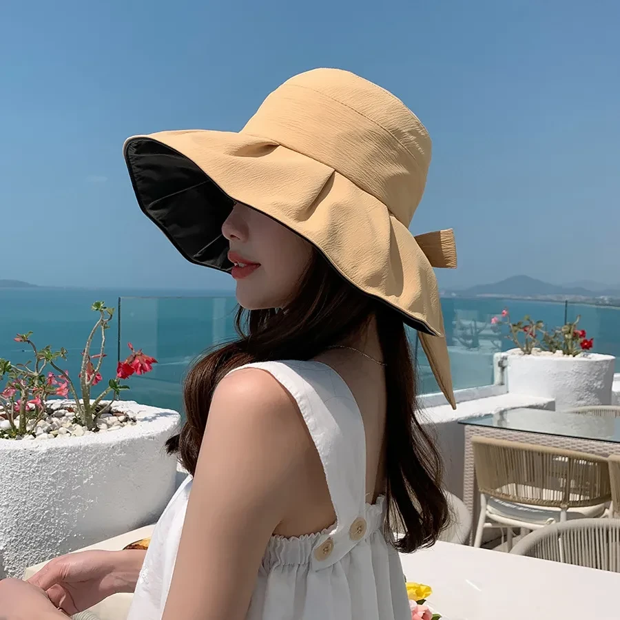 Bucket Hat Vinyl Sun Protective Wide Brim Hat Solid Color Wrinkle Bow Hat