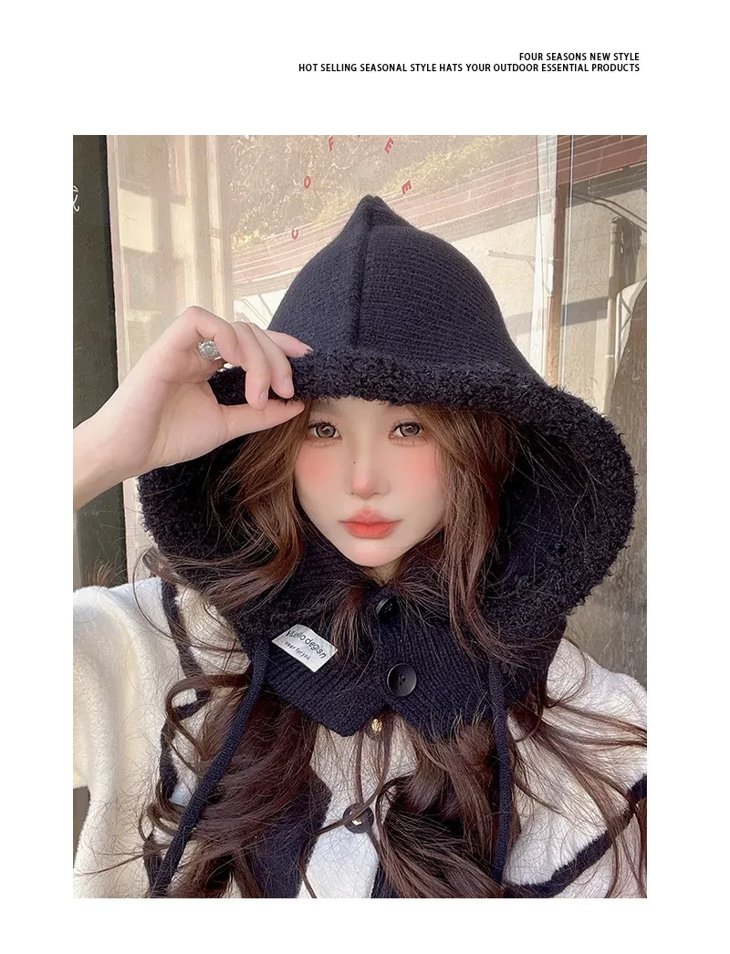 Korean Balaclava Hat Female Winter Warm Hat Scarf One Couple Earflaps Woolen Knitted Hat