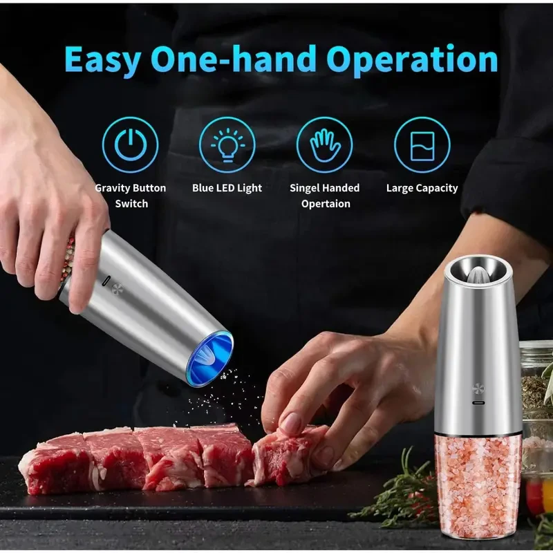 USB Rechargeable Salt and Pepper Grinder Set - Electric Mill with Adjustable Coarseness and LED Light