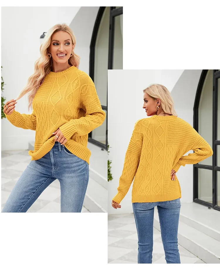 Casual Round-neck Pullover Sweater Fall Winter Solid Color Cable-knot Pattern Tops