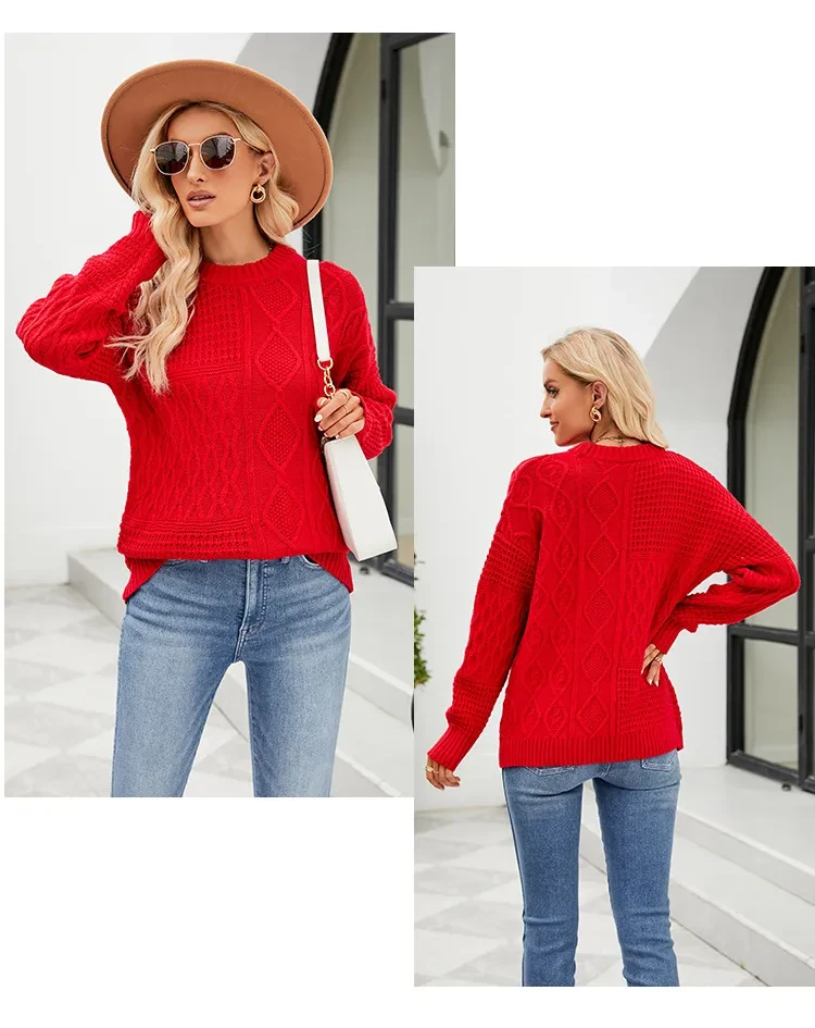 Casual Round-neck Pullover Sweater Fall Winter Solid Color Cable-knot Pattern Tops