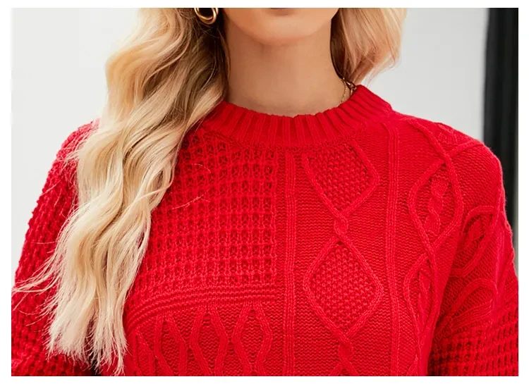 Casual Round-neck Pullover Sweater Fall Winter Solid Color Cable-knot Pattern Tops