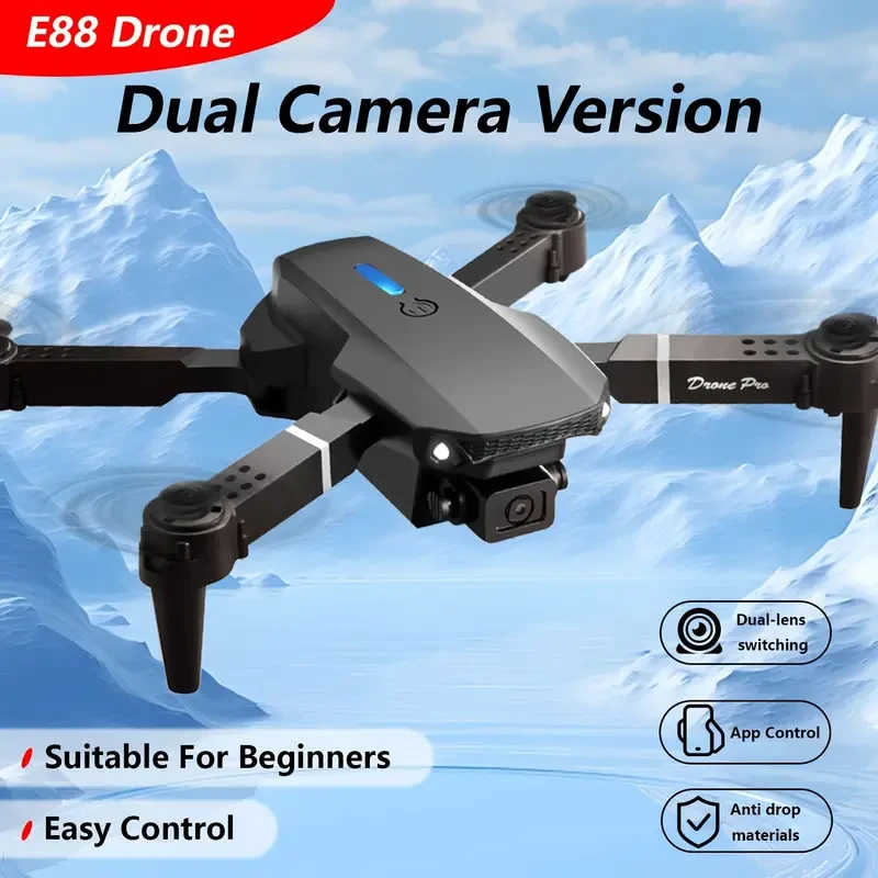 E88 HD Dual Camera Quadcopter Drone with One-Click Return, WiFi Control, USB Charging, 480p Video Capture, Indoor Flight, 120g Max Takeoff Weight, 50m Max Control Distance, 50m Max Altitude - Beginner Level Operation, App Control Feature