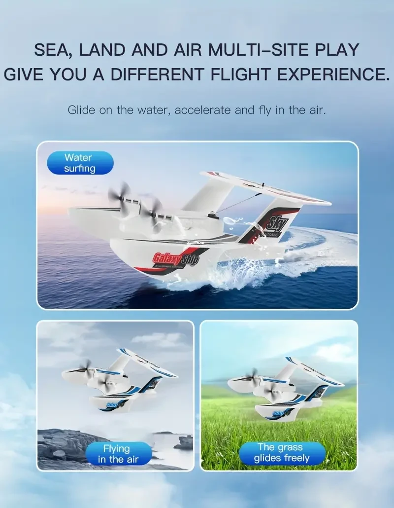 RC Amphibious Aircraft 2.4GHz 3-Channel Foam Drone With Gyroscope, RTF For Takeoff From Land And Water, Includes 2 Batteries - Suitable For 14+