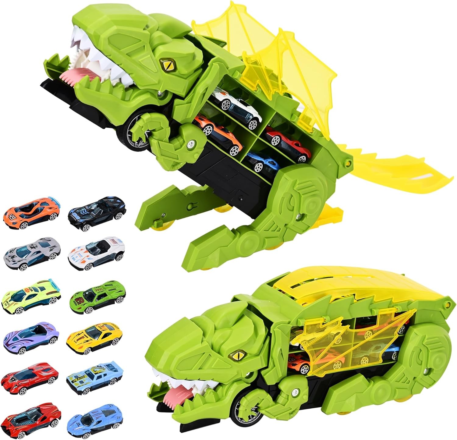 T-Rex Dinosaur Truck Toy Set with 6 Mini Vehicles - Durable Iron Alloy, Random Colors, Perfect for Birthday, Christmas & Halloween Gifts