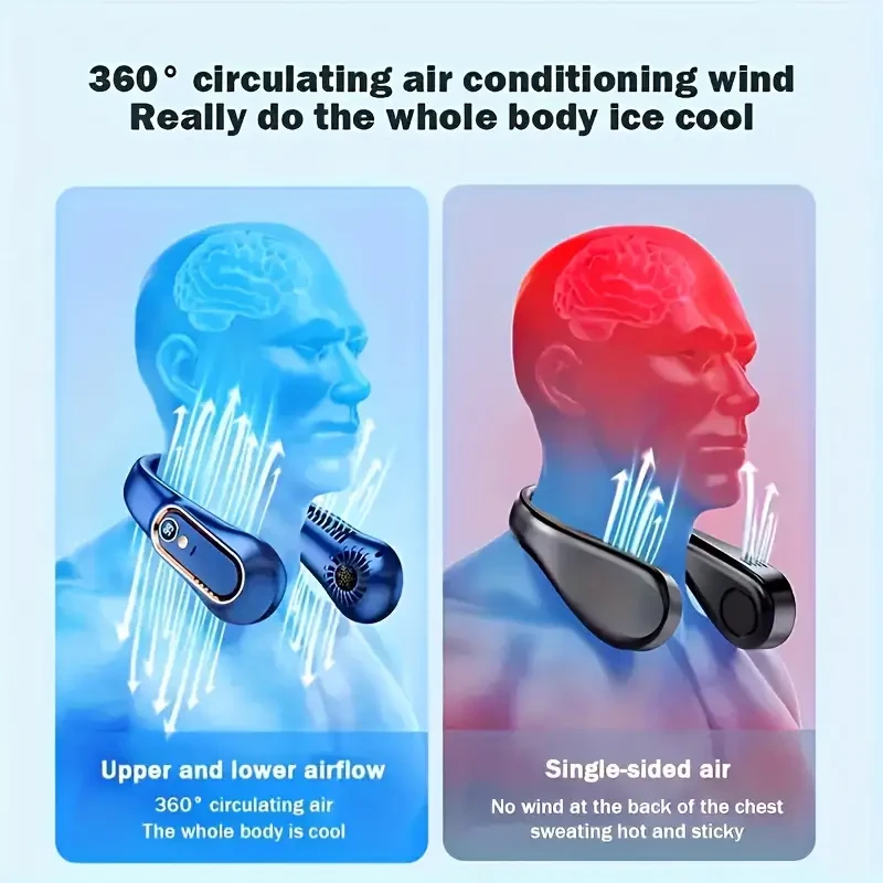 Bladeless Hanging Neck Fan - Portable USB Rechargeable Cooler with 5 Wind Speeds and Digital Display