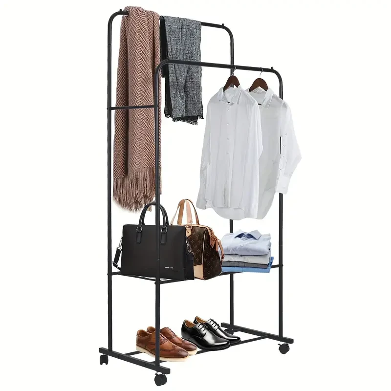 Mobile Double Rail Clothes Rack with Storage Shelves