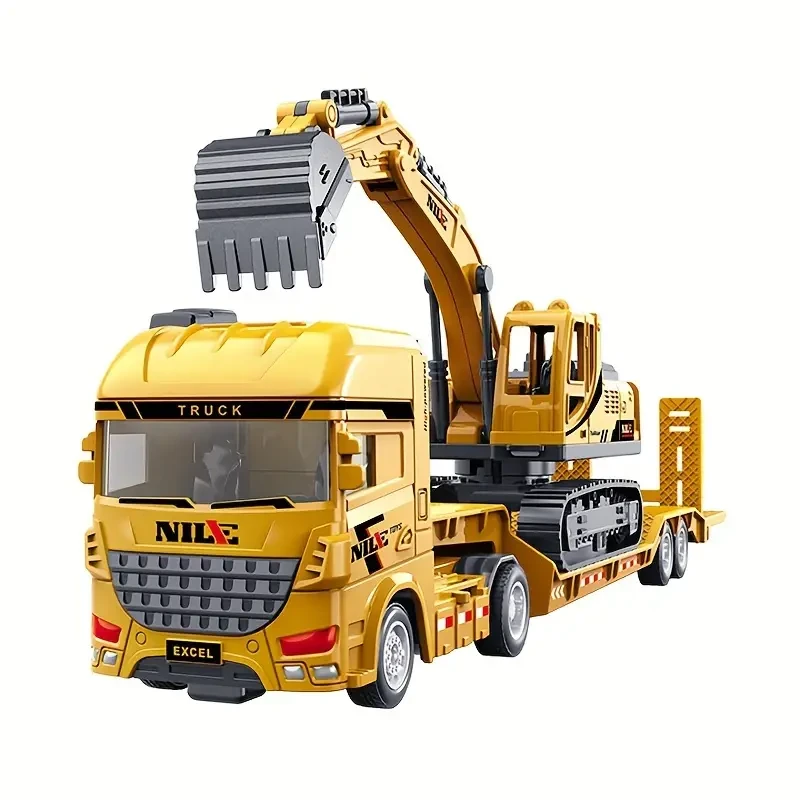 Inertia Toy Trucks Set for Kids with Excavator and Military Tank, Manual Push Power, 2 Large Transport Trailer Vehicles, Educational Engineering Playset for Children Aged 3-6 Years