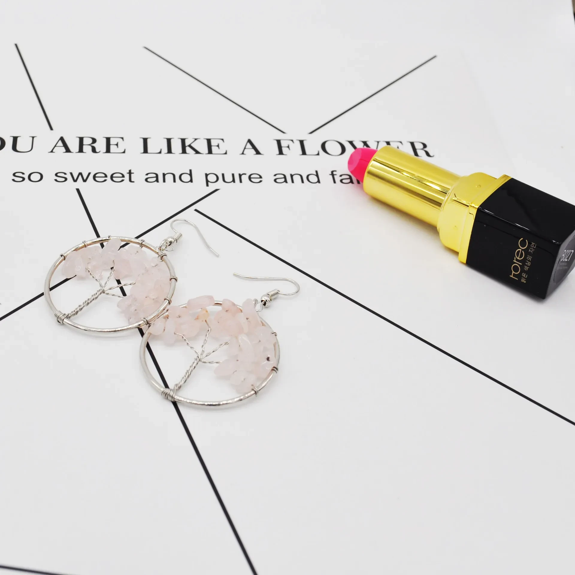 Natural Crystal Crushed Stone Tree Wishing Tree Earrings Crystal Tree Earrings Jewelry