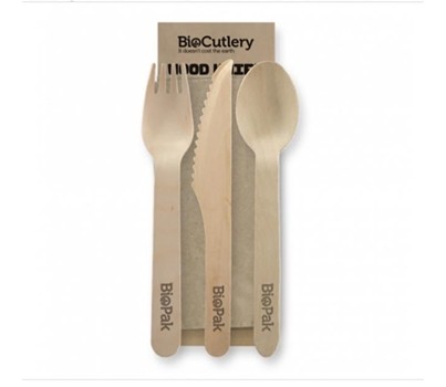 CUTLERY SET KNIFE/FORK/NAPKIN/SPOON WOOD 16CM 400s (BIOPAK)