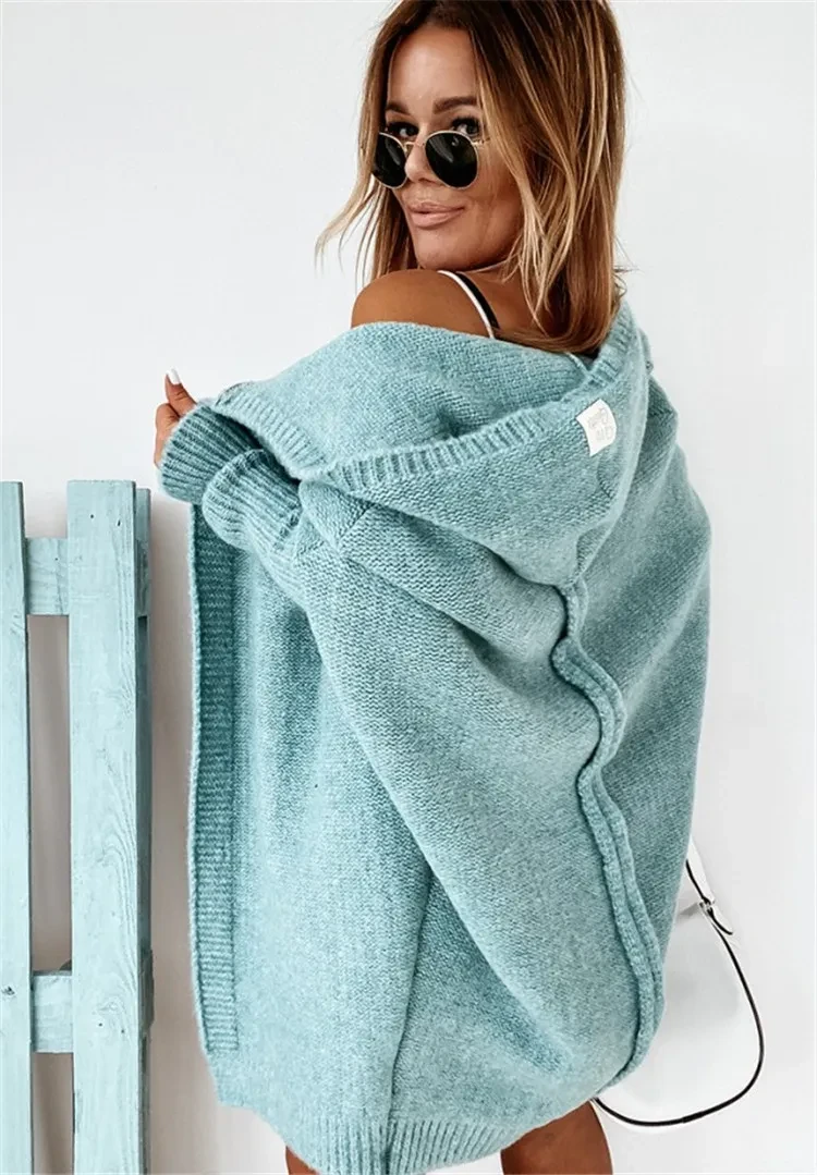 Fashion Bat Sleeve Hooded Cardigan Oversized Loose Temperament Solid Color Sweater Womens Clothing