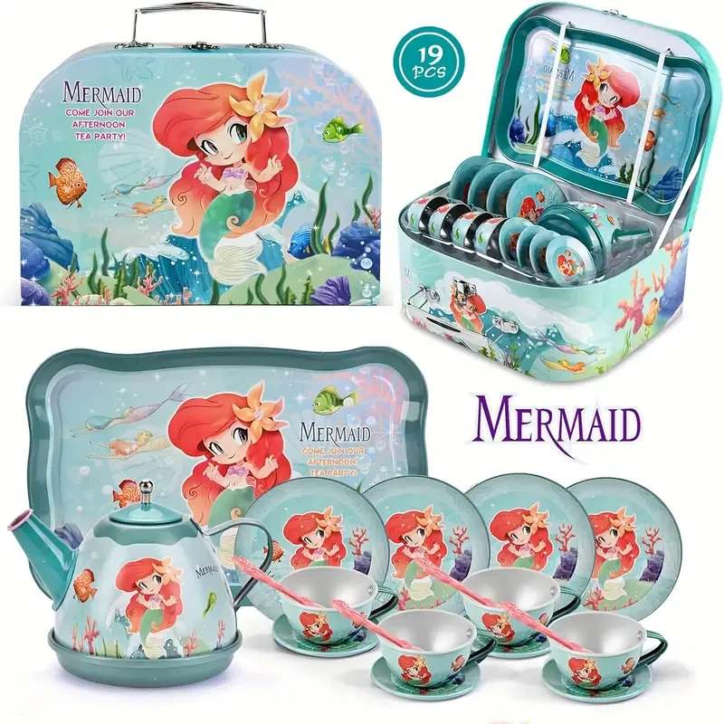 TOIYESE 19pcs Mermaid Tea Party Playset for Girls Ages 3-6 - Includes Tin Tea Set & Carrying Case, Perfect Princess Pretend Play Kitchen Toy, Ideal Birthday Gift