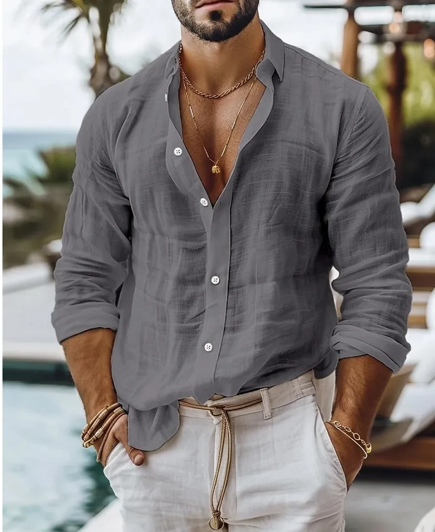 Solid Color Cotton Linen Shirt Casual Style Long Sleeve