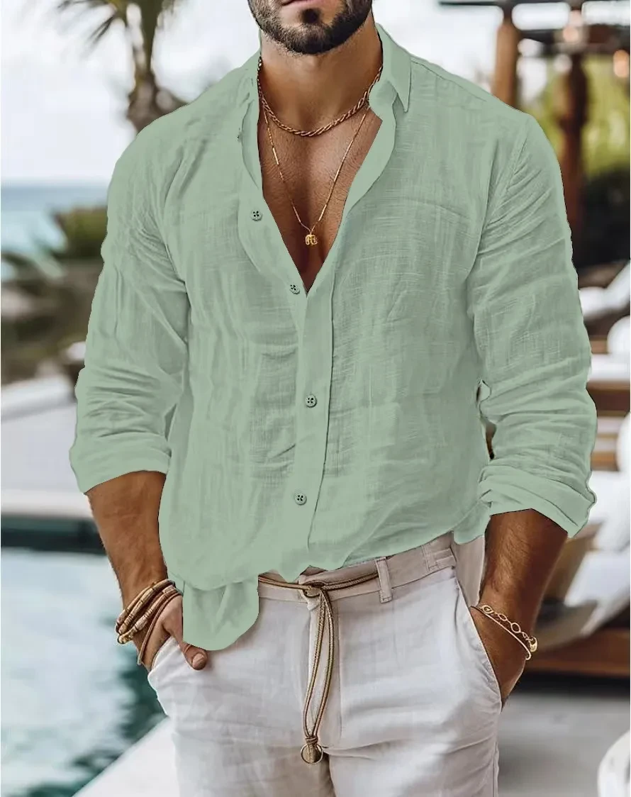 Solid Color Cotton Linen Shirt Casual Style Long Sleeve